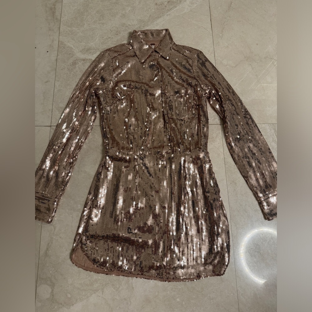 FREE PEOPLE SEQUIN BUTTON UP DRESS CHANPAGNE COLOR